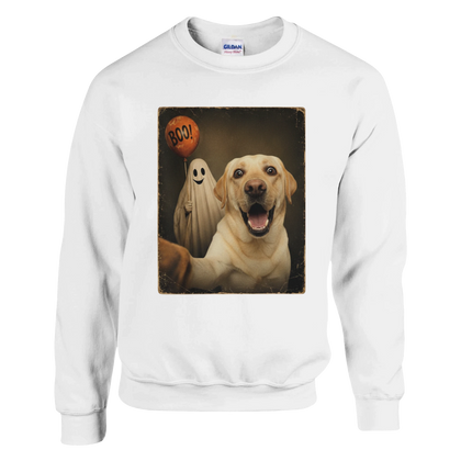 White - Ghost Selfie Boo Dog sweatshirt, plain front view on white