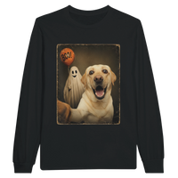 Load image into Gallery viewer, Black - Ghost Selfie Boo Dog long sleeve tee, plain front view on white
