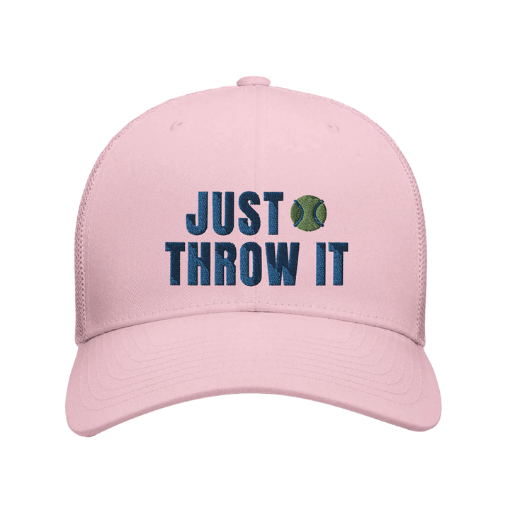 Pink - Just Throw It Border Collie trucker hat, front view on white