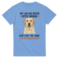 Load image into Gallery viewer, Carolina Blue - My Lab Has Never Voted Wrong tee, plain front view on white
