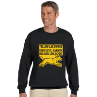 Load image into Gallery viewer, Black - Yellow Lab Chaos Level sweatshirt, worn by a smiling man, plain light background
