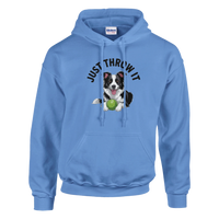 Load image into Gallery viewer, Carolina Blue - Just Throw It Border Collie hoodie, plain front view on white
