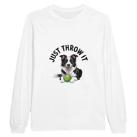 Load image into Gallery viewer, White - Just Throw It Border Collie long sleeve tee, plain front view on white
