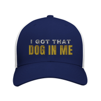 Load image into Gallery viewer, Navy/White - I Got That Dog In Me trucker hat, front view on white
