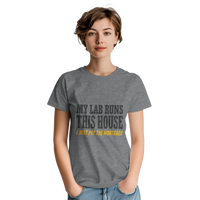 Load image into Gallery viewer, Sport Grey - My Lab Runs This House tee, worn by a woman, plain light background
