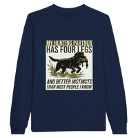 Load image into Gallery viewer, Navy - My Hunting Partner Has Four Legs long sleeve tee, plain front view on white

