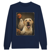 Load image into Gallery viewer, Navy - Ghost Selfie Boo Dog long sleeve tee, plain front view on white
