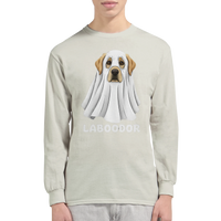 Load image into Gallery viewer, Ash - Laboodor Halloween long sleeve tee, worn by a model, plain light background
