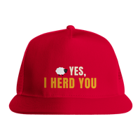 Load image into Gallery viewer, Red - Yes I Herd You Border Collie trucker hat, front view on white
