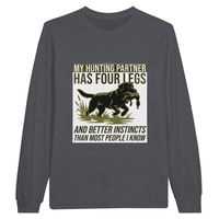 Load image into Gallery viewer, Dark Heather - My Hunting Partner Has Four Legs long sleeve tee, plain front view on white
