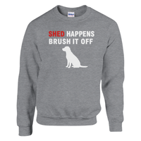 Load image into Gallery viewer, Graphite Heather - Shed Happens sweatshirt, plain front view on white
