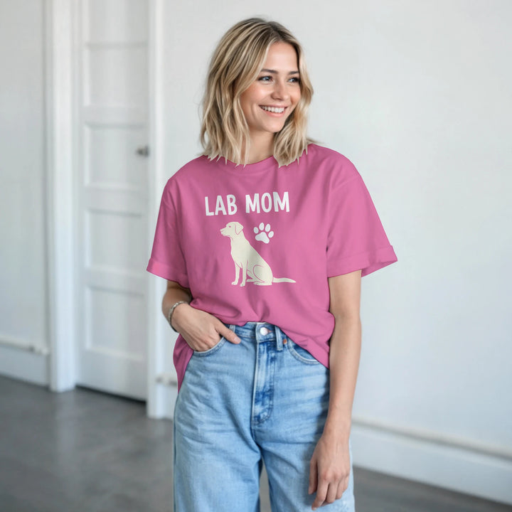 Azalea - Lab Mom tee, worn by woman, white paneled room