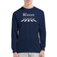 Load image into Gallery viewer, Navy - The Beagles long sleeve tee, worn by a man, plain light background
