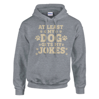 Load image into Gallery viewer, Graphite Heather - At Least My Dog Gets My Jokes hoodie, plain front view on white
