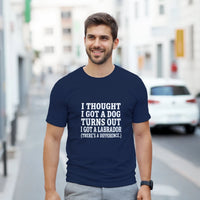 Load image into Gallery viewer, Navy - I Thought I Got a Dog tee, worn by a man on a city street
