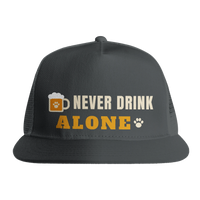 Load image into Gallery viewer, Charcoal - Never Drink Alone trucker hat, front view on white
