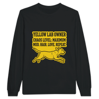 Load image into Gallery viewer, Black - Yellow Lab Chaos Level long sleeve tee, plain front view on white
