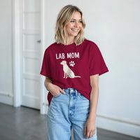 Load image into Gallery viewer, Cardinal red - Lab Mom tee, worn by woman, white paneled room
