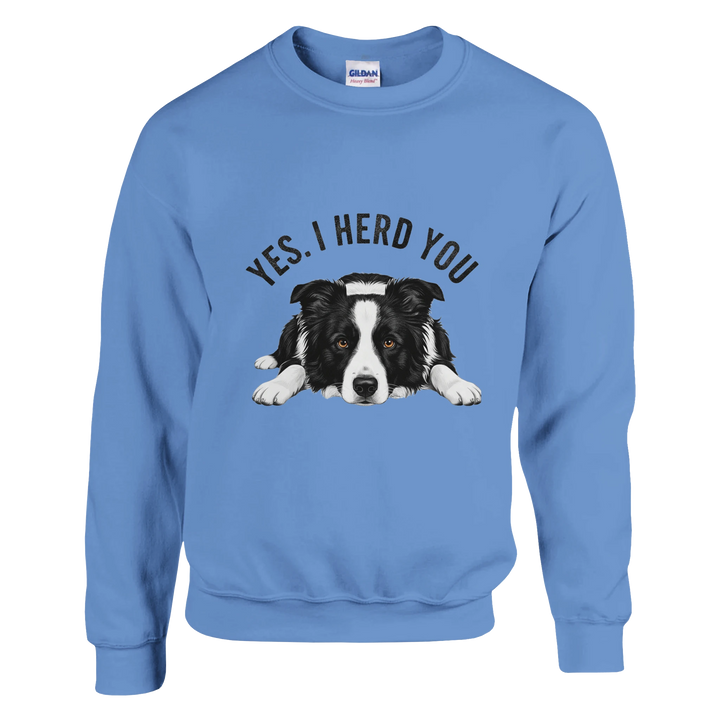 Carolina Blue - Yes I Herd You Border Collie sweatshirt, plain front view on white