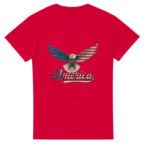 Red heavyweight cotton T-shirt with American eagle graphic and 'America' text