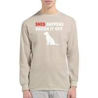 Load image into Gallery viewer, Sand - Shed Happens long sleeve tee, worn by a model, plain light background
