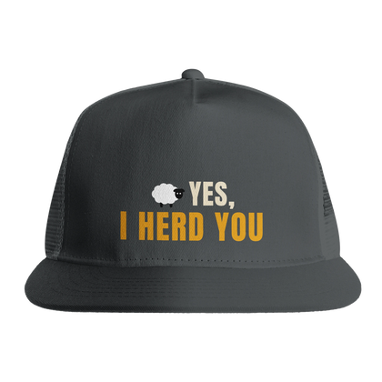 Charcoal - Yes I Herd You Border Collie trucker hat, front view on white