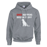 Load image into Gallery viewer, Graphite Heather - Shed Happens hoodie, plain front view on white
