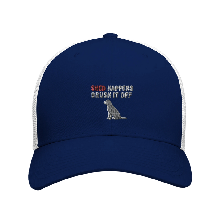 Navy/White - Shed Happens trucker hat, front view on white