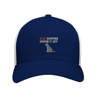Load image into Gallery viewer, Navy/White - Shed Happens trucker hat, front view on white

