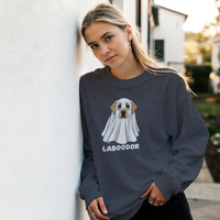 Load image into Gallery viewer, Dark Heather - Laboodor Halloween sweatshirt, worn by a woman leaning on a white wall
