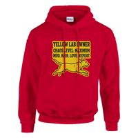 Load image into Gallery viewer, Red - Yellow Lab Chaos Level hoodie, plain front view on white
