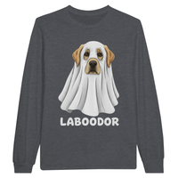 Load image into Gallery viewer, Dark Heather - Laboodor Halloween long sleeve tee, plain front view on white
