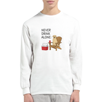 Load image into Gallery viewer, White - Never Drink Alone long sleeve tee, worn by a man, plain light background
