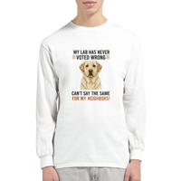 Load image into Gallery viewer, White - My Lab Never Voted Wrong long sleeve tee, worn by a man, plain light background
