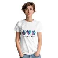 Load image into Gallery viewer, White - Peace Love Dogs tee, worn by woman, white studio
