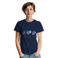 Load image into Gallery viewer, Navy - Peace Love Dogs tee, worn by woman, white studio
