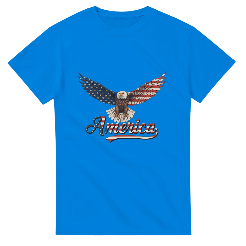 Blue heavyweight cotton T-shirt with American eagle graphic and 'America' text