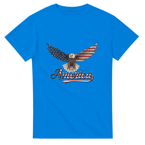 Blue heavyweight cotton T-shirt with American eagle graphic and 'America' text