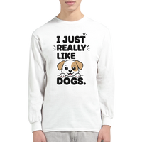 Load image into Gallery viewer, White - I Just Really Like Dogs long sleeve tee, worn by a model, plain light background

