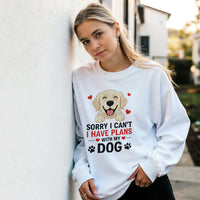 Load image into Gallery viewer, White - Sorry I Can't I Have Plans With My Dog sweatshirt, worn by a woman leaning on a white wall
