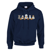 Load image into Gallery viewer, Navy - Dog Ghost Halloween hoodie, plain front view on white
