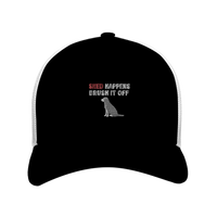 Load image into Gallery viewer, Black/White - Shed Happens trucker hat, front view on white
