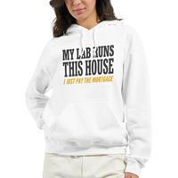 Load image into Gallery viewer, White - My Lab Runs This House hoodie, worn by a smiling woman
