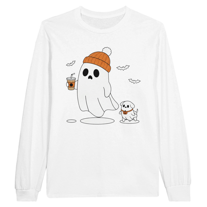 White - Ghost Walking Ghost Dog long sleeve tee, plain front view on white