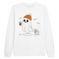 Load image into Gallery viewer, White - Ghost Walking Ghost Dog long sleeve tee, plain front view on white

