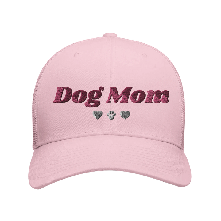 Pink - Dog Mom trucker hat, front view on white