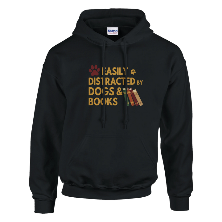 Black - Easily Distracted by Dogs and Books hoodie, plain front view on white