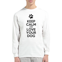 Load image into Gallery viewer, White - Keep Calm and Love Your Dog long sleeve tee, worn by a man, plain light background
