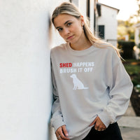 Load image into Gallery viewer, Graphite Heather - Shed Happens sweatshirt, worn by a woman leaning on a white wall
