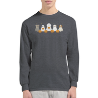 Load image into Gallery viewer, Dark Heather - Dog Ghost Halloween long sleeve tee, worn by a model, plain light background
